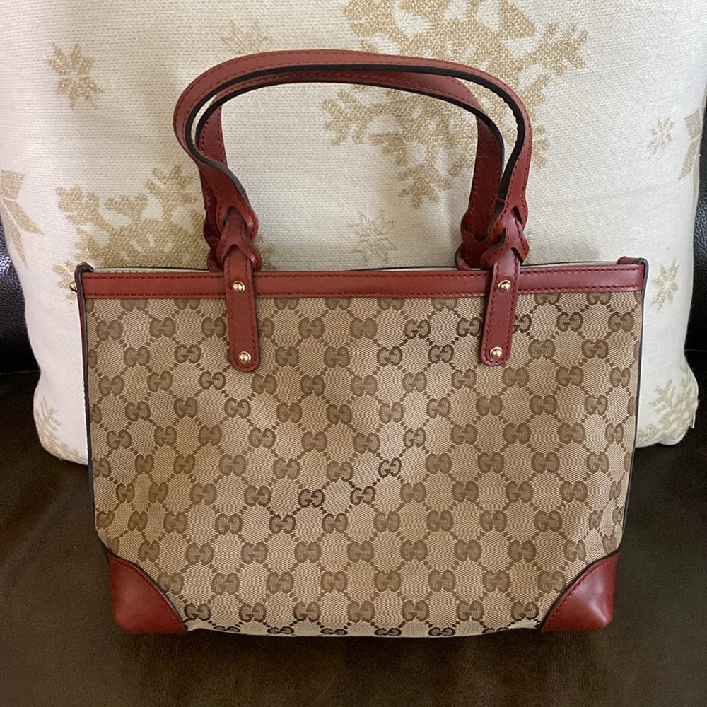 Gucci Brown GG Canvas Tote with Red Leather Trim